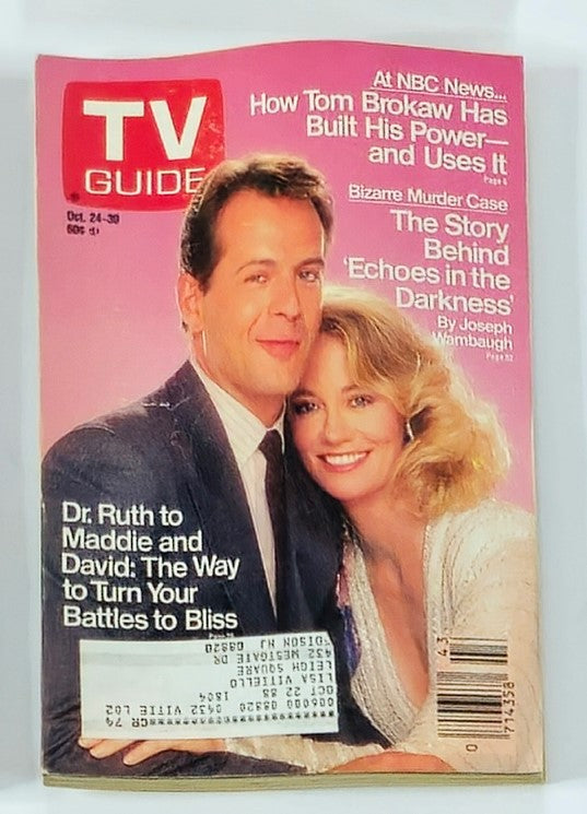 TV Guide Magazine from October 24, 1987 featuring Bruce Willis and Cybill Shepherd on the cover, showcasing nostalgic late 80s television entertainment culture. This collectible magazine captures a significant era in media history.