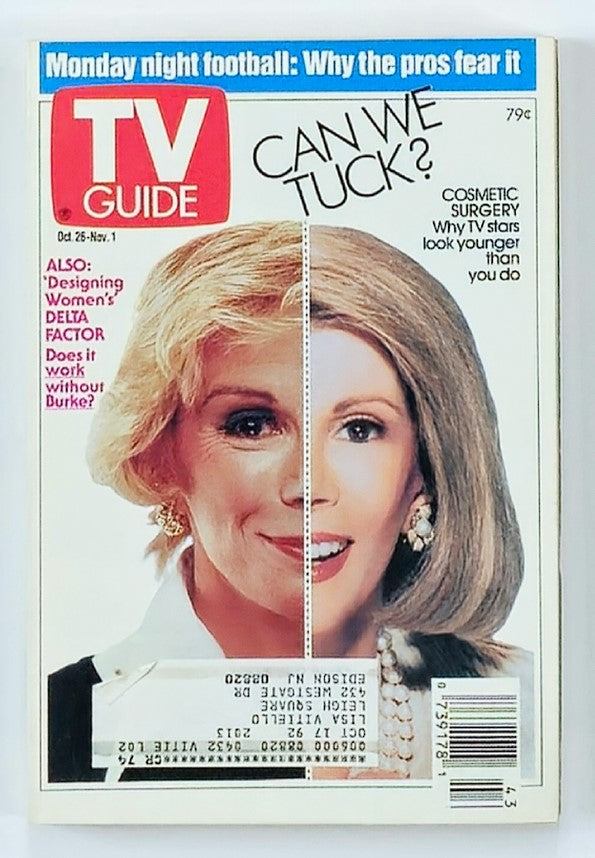Cover of TV Guide Magazine from October 26, 1991 featuring Joan Rivers, illustrating her before and after appearance with a focus on cosmetic surgery. The magazine explores topics related to television stars and their appearance, including the feature 'Can We Tuck?'.
