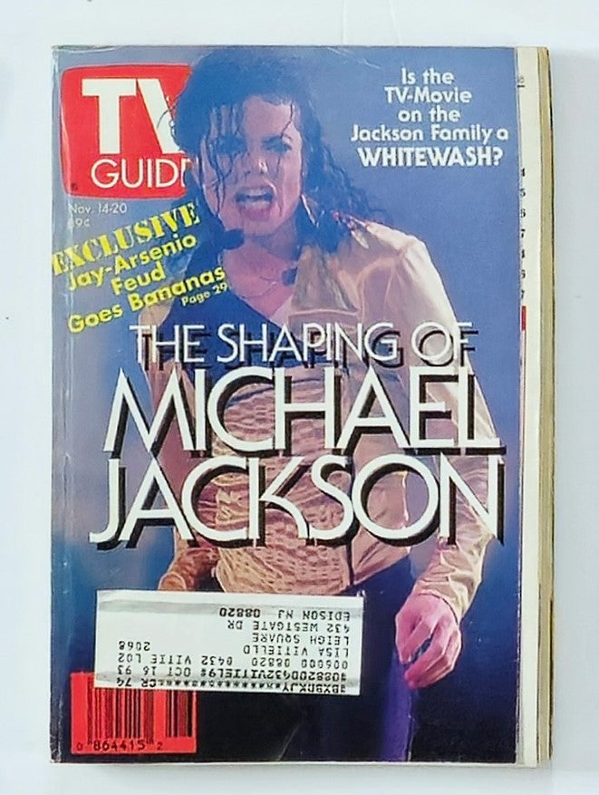 Cover of TV Guide Magazine from November 14, 1992, featuring 'The Shaping of Michael Jackson'. The cover showcases an image of Michael Jackson in a dynamic pose with text highlighting an exclusive feature on the Jackson family.