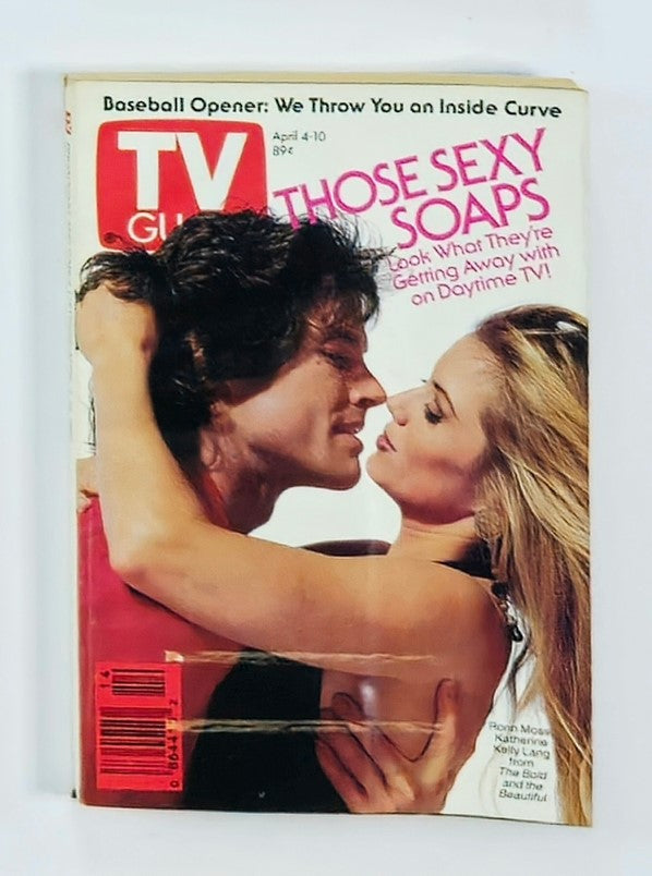 TV Guide Magazine April 4 1992 cover featuring Ronn Moss and Katherine Kelly Lang, showcasing a romantic pose, highlighting the allure of daytime soap operas with a focus on 'Those Sexy Soaps'.