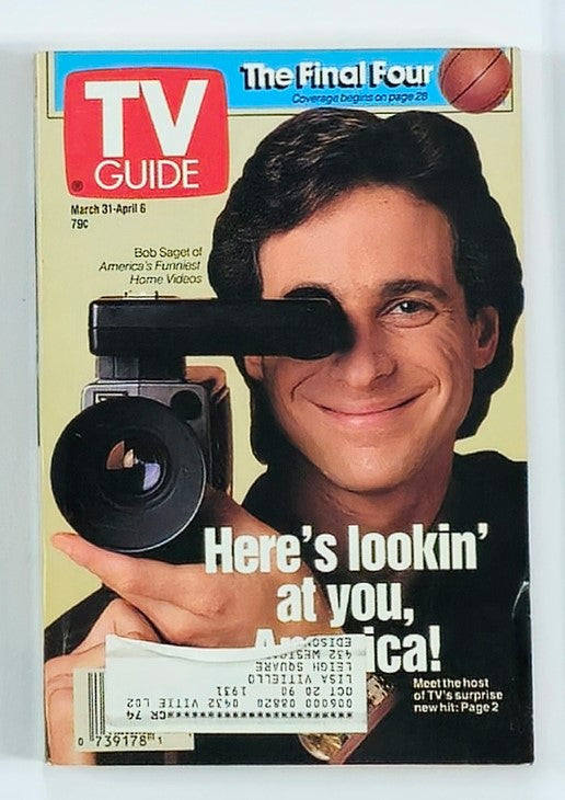 TV Guide Magazine cover from March 31, 1990, featuring Bob Saget with a video camera, promoting America's Funniest Videos.