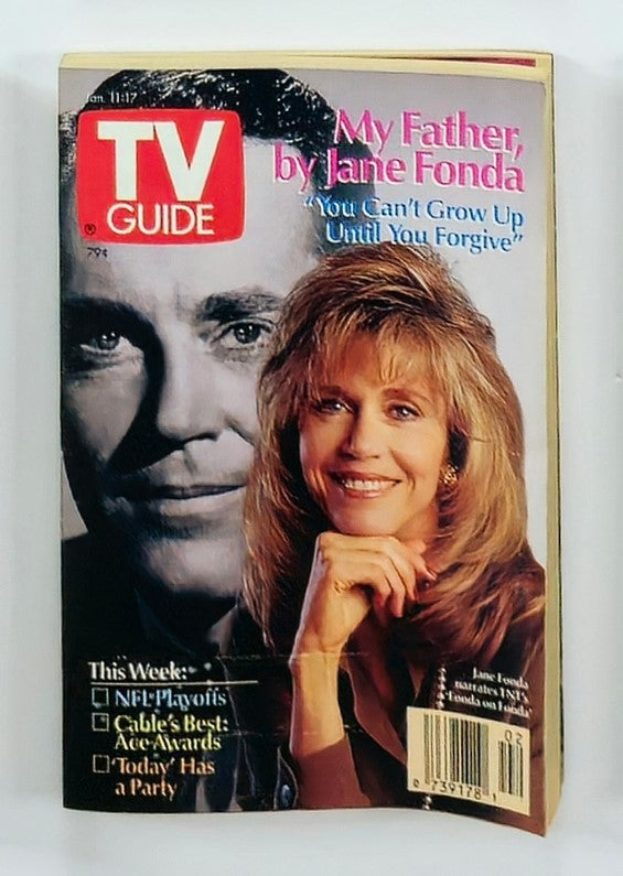 Cover of TV Guide Magazine January 11, 1992 featuring Jane Fonda, showcasing the title 'My Father, by Jane Fonda' with a quote 'You Can't Grow Up Until You Forgive'. The magazine includes highlights of that week's TV programming.