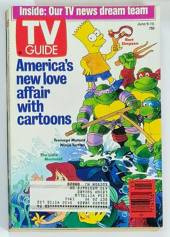 Cover of TV Guide Magazine from June 9, 1990 featuring Bart Simpson and characters from The Little Mermaid and Teenage Mutant Ninja Turtles. The headline reads 'America's new love affair with cartoons', showcasing iconic pop culture from the era.