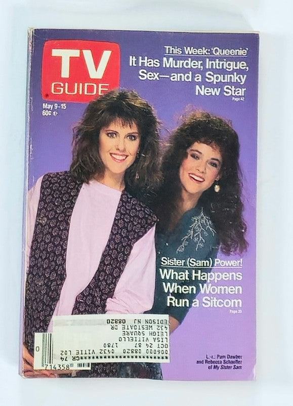 Cover of TV Guide Magazine from May 9, 1987 featuring Pam Dawber and Rebecca Schaeffer, highlighting shows and cultural moments from the 80s. The issue includes insights on the sitcom My Sister Sam, making it a nostalgic collectible.
