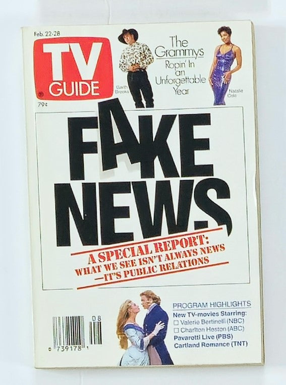TV Guide Magazine cover from February 22, 1992 featuring country music star Garth Brooks and singer Natalie Cole, highlighting the Grammys and a special report on public relations.