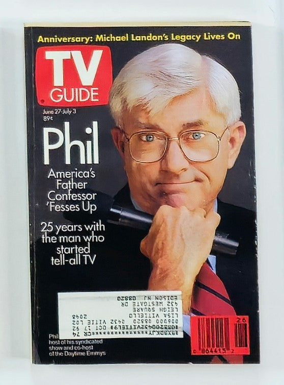 TV Guide Magazine cover from June 27, 1992, featuring Phil Donahue with the title 'America's Father Confessor 'Fesses Up' and highlights '25 years with the man who started tell-all TV,' commemorating the Daytime Emmys.