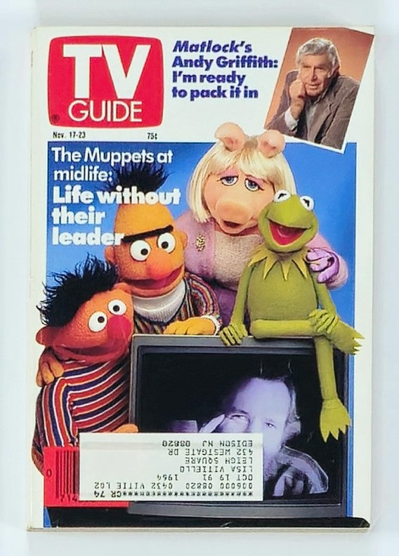 Cover of TV Guide Magazine from November 17, 1990 featuring The Muppets at Midlife, showcasing Kermit the Frog and other characters with the headline 'Life without their leader'.