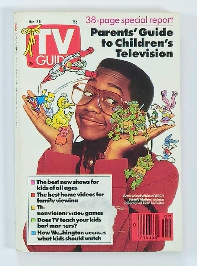 TV Guide Magazine March 2, 1991 featuring Jaleel White from Family Matters on the cover. The magazine highlights a Parents' Guide to Children's Television and includes colorful illustrations of animated characters.