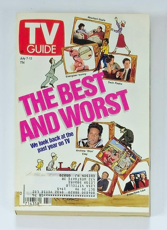 Cover of TV Guide Magazine from July 7, 1990, titled 'The Best and Worst,' featuring Andrew 'Dice' Clay, classic TV shows, and an overview of the past year's television highlights.