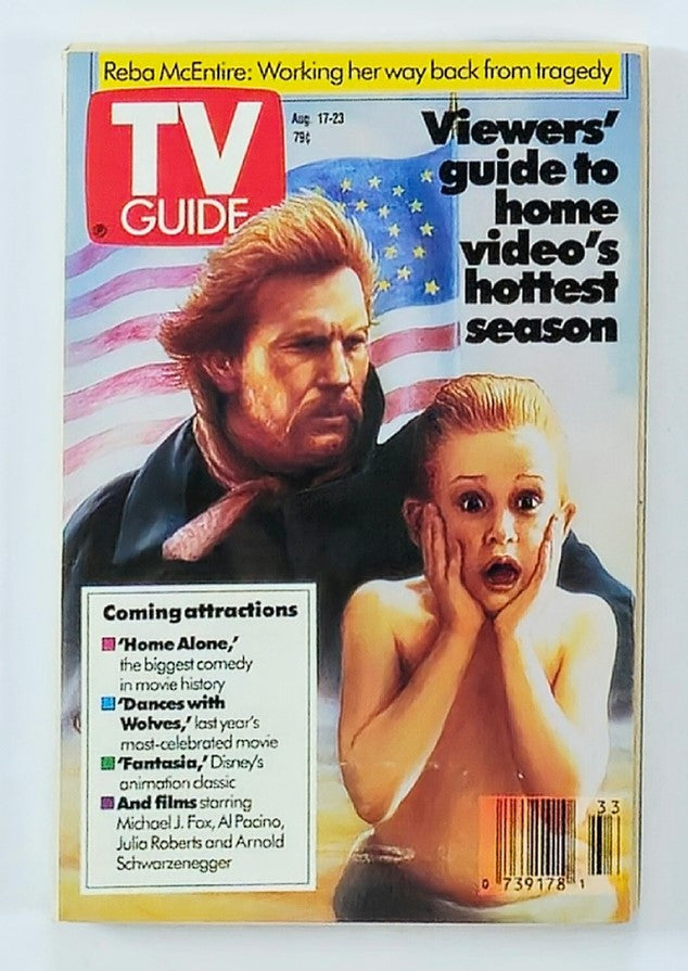 TV Guide Magazine cover from August 17, 1991 featuring Macaulay Culkin in Home Alone. The cover highlights key upcoming attractions like 'Home Alone,' with vibrant graphics and pop culture references from the early 90s. A perfect collectible for fans of vintage cinema and television memorabilia.