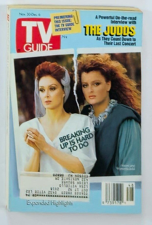 TV Guide Magazine November 30 1991 featuring Naomi and Winona Judd on the cover. The magazine highlights their impact on music, includes interviews, and serves as a nostalgic piece of television history.