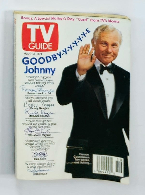 TV Guide Magazine cover from May 9, 1992, featuring Johnny Carson waving goodbye. The cover highlights a special tribute to Carson and celebrates his contributions to late-night television.