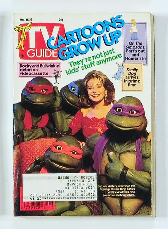 TV Guide Magazine March 16 1991 with Barbara Walters and Teenage Mutant Ninja Turtles on the cover, showcasing the iconic journalist and animated characters in a vibrant design.