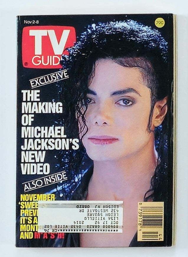 Cover of TV Guide Magazine November 2 1991 featuring Michael Jackson, highlighting the exclusive feature on the making of his new video. The magazine showcases a striking image of Jackson with his iconic hairstyle.