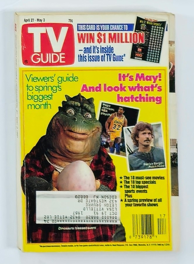 Back cover of TV Guide Magazine April 27 1991 featuring a colorful design with a large frog character, alongside highlights of popular shows and sports events of the era.
