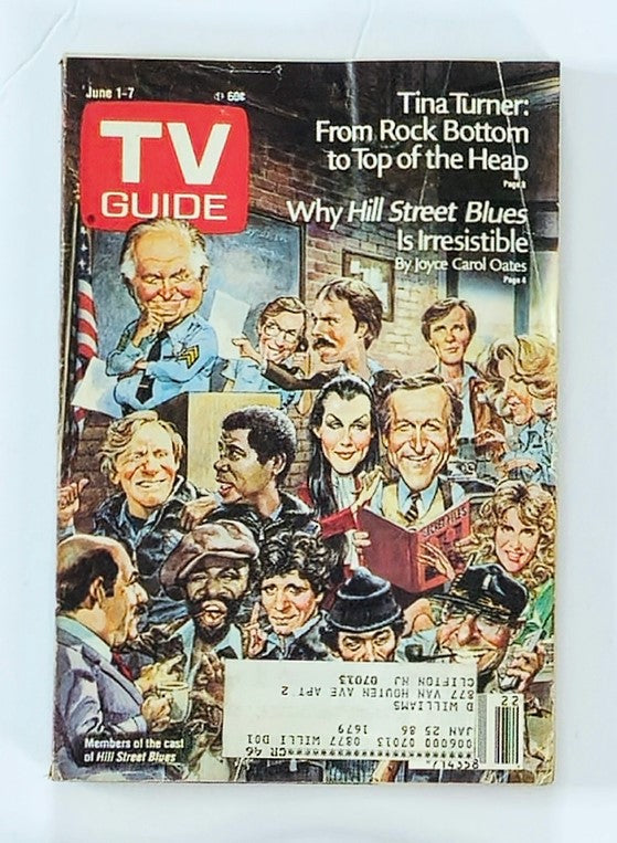 TV Guide Magazine cover from June 1, 1985, featuring the cast of Hill Street Blues, showcasing a vibrant illustration of the characters in a nostalgic setting. This collectible issue includes articles about the iconic series and its impact on television history.