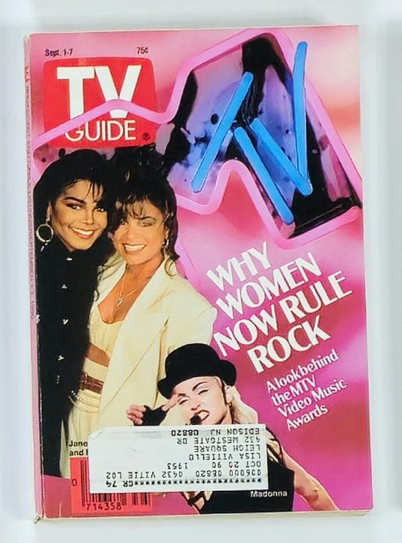 TV Guide Magazine cover from September 1, 1990, featuring Janet Jackson and LaToya Jackson, alongside Madonna, highlighting the feature 'Why Women Now Rule Rock' with a vibrant pop culture flair.