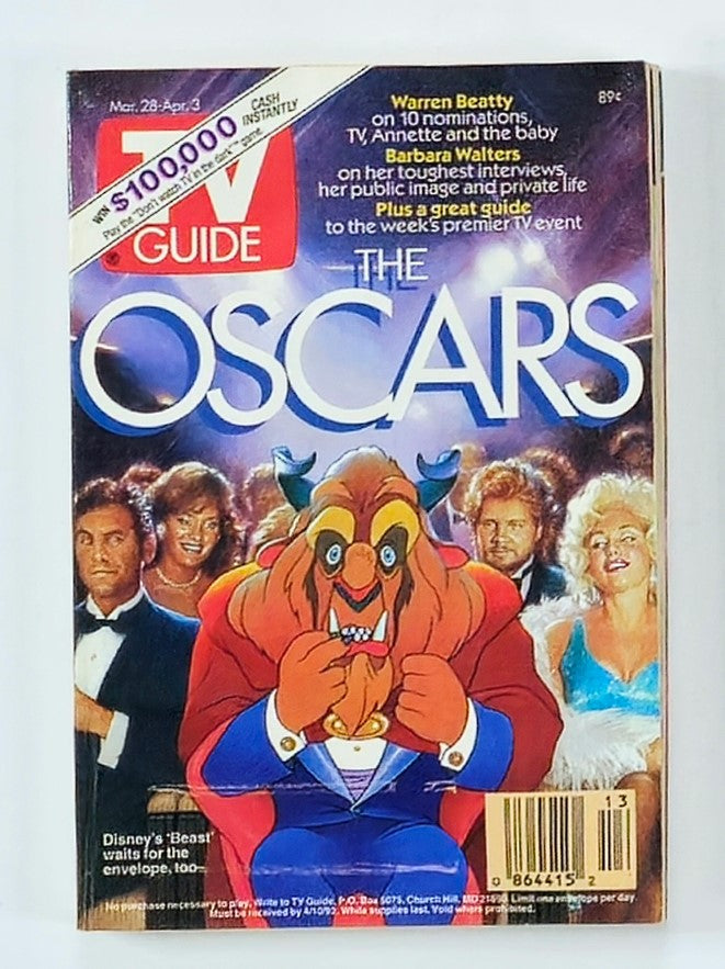 Cover of TV Guide Magazine March 28, 1992 featuring Warren Beatty and Barbara Walters, showcasing The Oscars with colorful illustration and images of featured stars from the event.