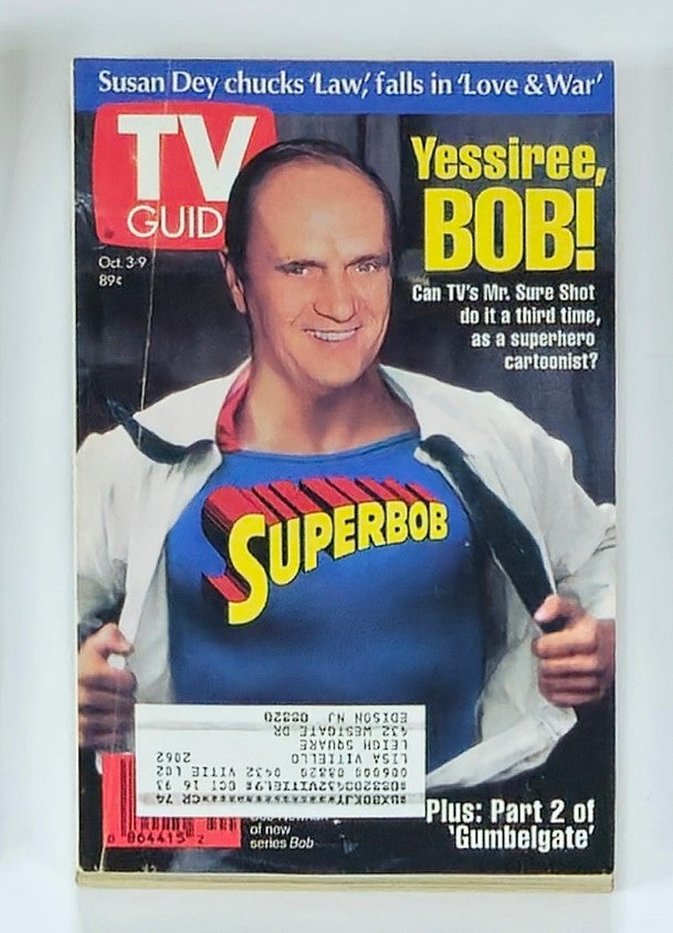 Cover of TV Guide Magazine from October 3, 1992 featuring Bob Newhart as Superbob. The magazine highlights Newhart's new series 'Bob' with the text 'Yessiree, BOB!' and includes articles on early '90s television culture.