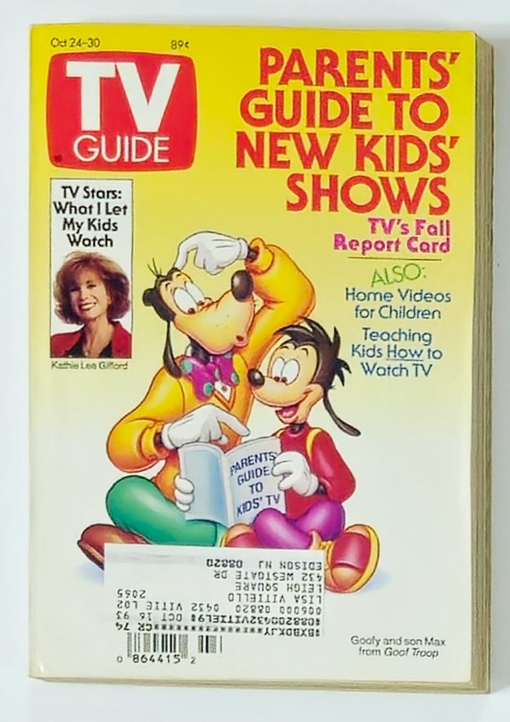 TV Guide Magazine cover from October 24, 1992 featuring Kathie Lee Gifford, Goofy, and his son Max, highlighting parents' guide to new kids' shows and TV's fall report card.