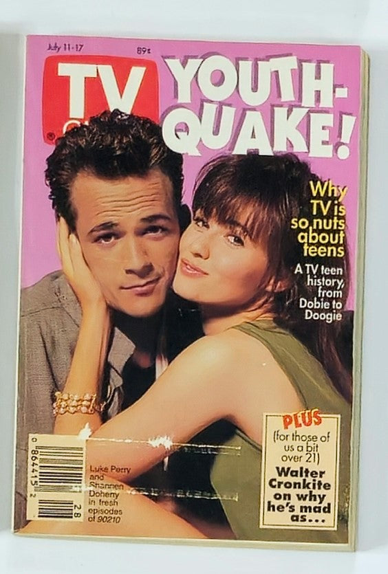 TV Guide Magazine cover from July 11, 1992, featuring Luke Perry and Shannen Doherty promoting the show Beverly Hills, 90210, with the headline 'Youth-Quake!'. A nostalgic piece of television history.
