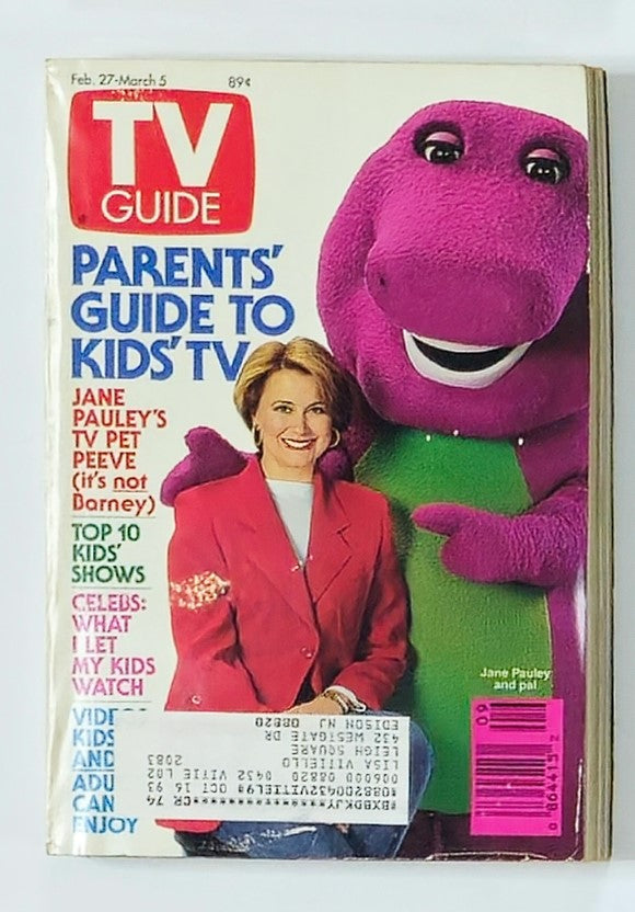 TV Guide Magazine February 27, 1993 featuring Jane Pauley with Barney the Dinosaur. The cover highlights TV-related topics such as 'Parents' Guide to Kids' TV' and 'Top 10 Kids' Shows'. A vintage collectible for fans of 90s television history.