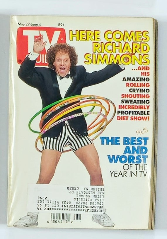 TV Guide Magazine May 29 1993 featuring Richard Simmons on the cover with hula hoops, highlighting fitness and pop culture from the 90s.