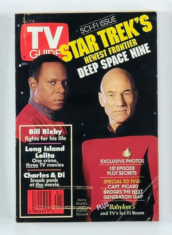 TV Guide Magazine January 2, 1993 featuring stars Avery Brooks and Patrick Stewart on the cover; highlights 'Star Trek's Deep Space Nine' and includes cultural insights from the early 90s.