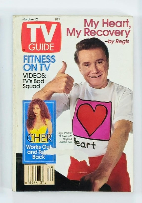 TV Guide Magazine from March 6, 1993 featuring Cher and Regis Philbin on the cover, showcasing Regis with a thumbs up, wearing a shirt with a heart design, with a sidebar highlighting Cher's workout segment.