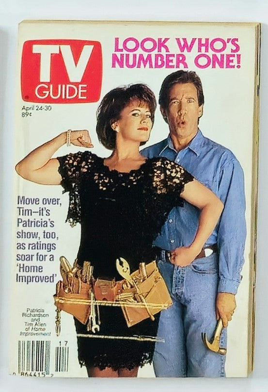 Cover of TV Guide Magazine from April 24-30, 1993 featuring Patricia Richardson and Tim Allen, highlighting the popularity of 'Home Improvement'. The cover showcases Patricia in a stylish black dress with a tool belt, striking a confident pose next to Tim Allen, who appears puzzled. Text reads 'LOOK WHO'S NUMBER ONE!' and emphasizes the show's ratings.