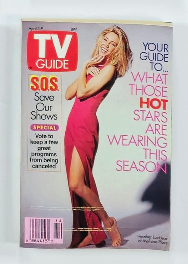 TV Guide Magazine April 3 1993 featuring Heather Locklear from Melrose Place on the cover, showcasing her in a glamorous pink dress. The cover includes text about fashion trends for TV stars and a call to save popular shows.