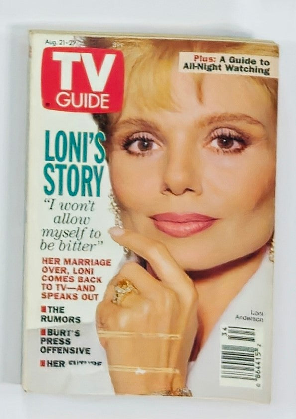 TV Guide Magazine August 21 1993 featuring Loni Anderson on the cover, showcasing her story with the tagline 'I won't allow myself to be bitter'. The magazine highlights her return to television and reflects the pop culture of the early 90s.