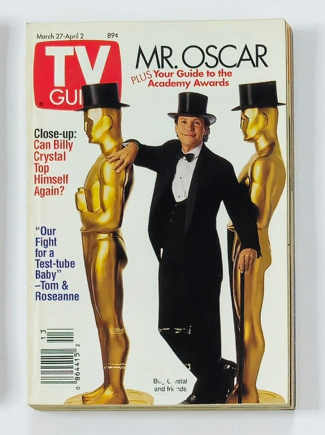 TV Guide Magazine March 27 1993 featuring Billy Crystal and Friends on the cover with Academy Award statues, highlighting Billy Crystal's role as host; a nostalgic piece for television history collectors.