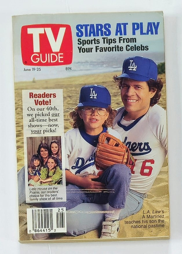 TV Guide Magazine June 19 1993 featuring A Martinez of LA Law playing baseball with his son on the beach. The cover highlights 'STARS AT PLAY' and includes insights on sports tips from favorite celebrities.