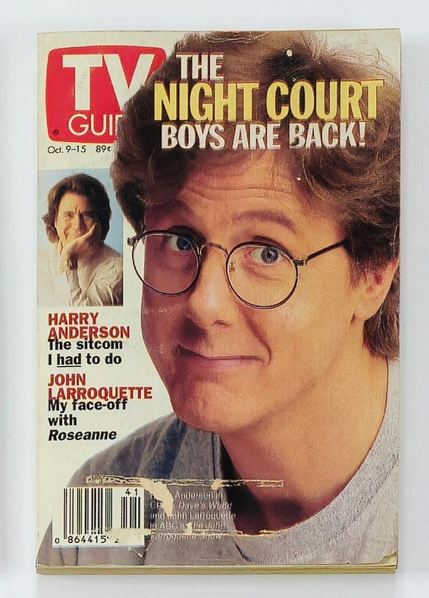 TV Guide Magazine cover from October 9, 1993 featuring Harry Anderson and John Larroquette with the headline 'The Night Court Boys Are Back!'. This vintage magazine showcases iconic actors associated with classic television.