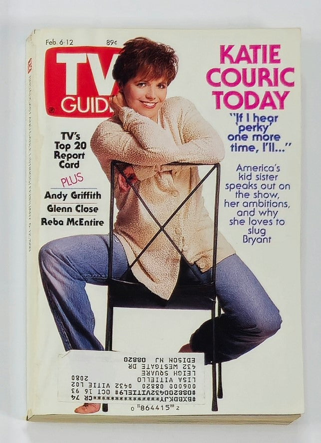 Cover of TV Guide Magazine from February 6, 1993 featuring Katie Couric, titled 'Katie Couric Today'. The cover includes a photo of Couric seated on a chair, along with highlights of popular television personalities and shows from the era.