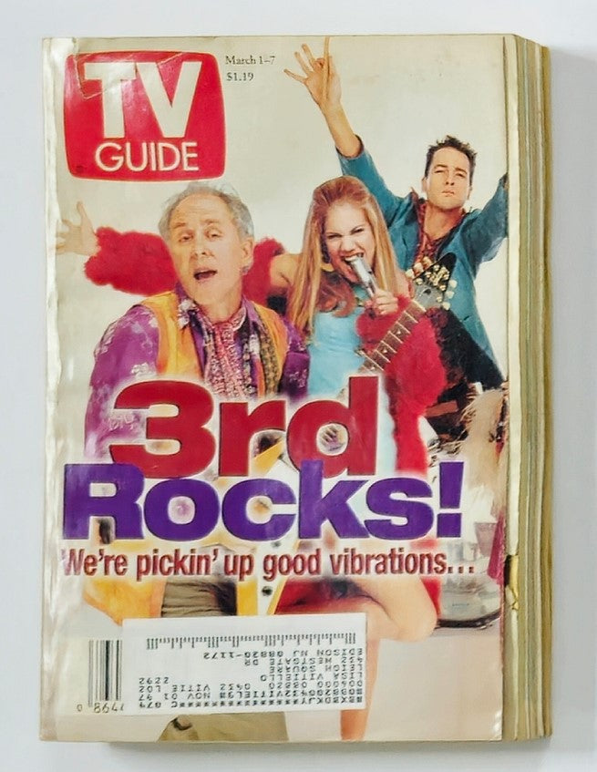 Cover of TV Guide Magazine from March 1, 1997, featuring the title '3rd Rocks! We're pickin' up good vibrations...' with colorful imagery of the show's cast. This vintage magazine highlights John Lithgow and Kristen Johnson, capturing a nostalgic moment in television history.