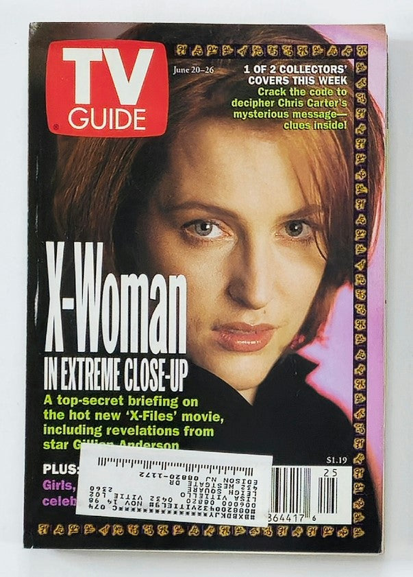 TV Guide Magazine cover from June 20, 1998, featuring Gillian Anderson, known for her role as Dana Scully in The X-Files, with the headline 'X-Woman in Extreme Close-Up'. This collectible magazine highlights the cultural significance of the late 1990s television era.