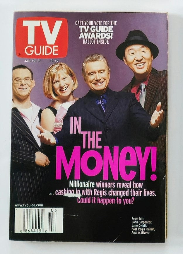 TV Guide Magazine January 15 2000 cover featuring John Carpenter, Regis Philbin, and other personalities with the headline 'In the Money'. A collectible piece of television history highlighting the excitement of early 2000s entertainment culture.