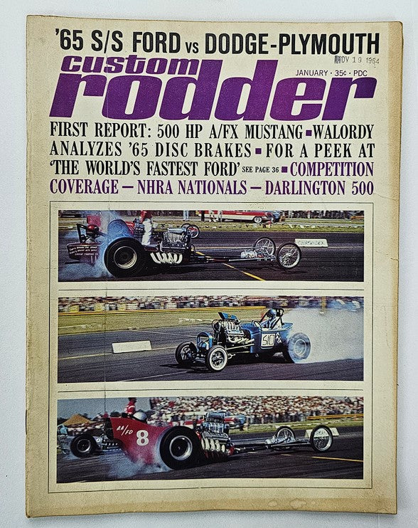 Cover of VTG Custom Rodder Magazine January 1965 featuring a race between '65 S/S Ford and Dodge-Plymouth, showcasing classic drag racing photography and details of automotive features.