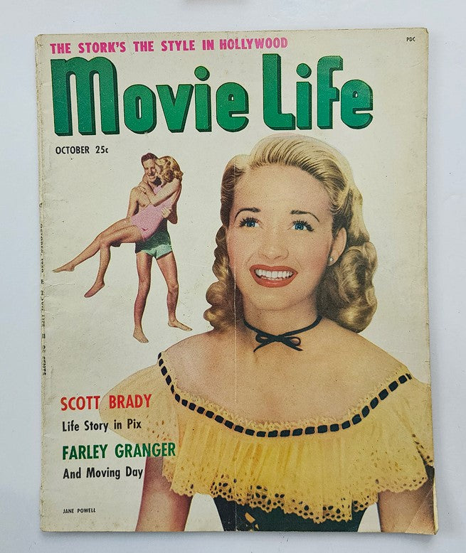 VTG Movie Life Magazine October 1950 featuring Scott Brady and Jane Powell, showcasing Hollywood style with vibrant colors and advertisements. Front cover highlights include 'Life Story in Pix' and 'Moving Day'.