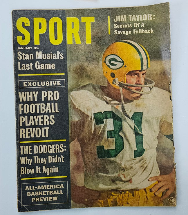 VTG Sport Magazine January 1964 featuring Jim Taylor on the cover, titled 'Secrets of a Savage Fullback.' The magazine showcases a vintage football theme, highlighting moments from a thrilling football era.