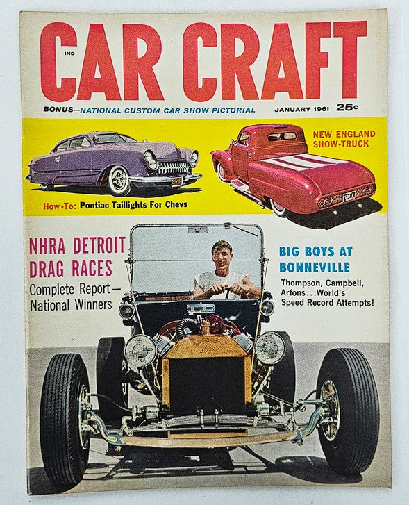 Cover of VTG Car Craft Magazine January 1961 featuring NHRA Drag Races National Winners, showcasing classic cars and a driver in a vintage hot rod design.