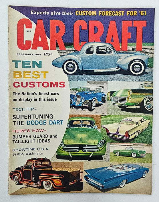 Cover of the VTG Car Craft Magazine February 1961 featuring classic customs, with emphasis on surefire tips for supertuning the Dodge Dart, showcasing iconic automotive designs and vibrant images of vintage cars.