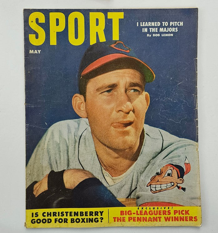 Cover of VTG Sport Magazine May 1953 featuring the article 'I Learned To Pitch' by Bob Lemon, showcasing a baseball player in a vintage baseball uniform.
