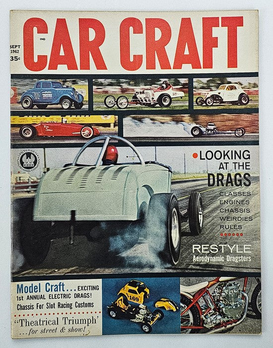 Cover of VTG Car Craft Magazine September 1962 titled 'Looking at the Drags', featuring images of drag racing cars, showcasing the vibrant automotive culture and innovations of the 1960s.