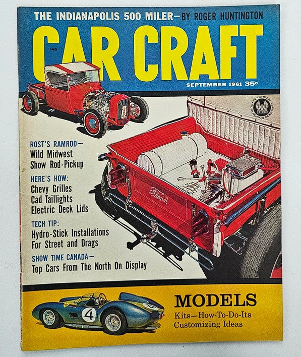 VTG Car Craft Magazine September 1961 cover featuring the Wild Midwest Show Rod Pickup, showcasing automotive culture with vibrant graphics and detailed illustrations of classic cars.