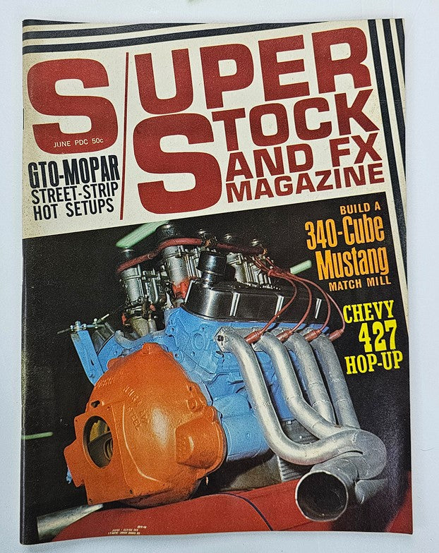 Cover of VTG Super Stock and F/X Magazine June 1967 featuring a 340-Cube Mustang engine, showcasing automotive culture and muscle cars of the 1960s.