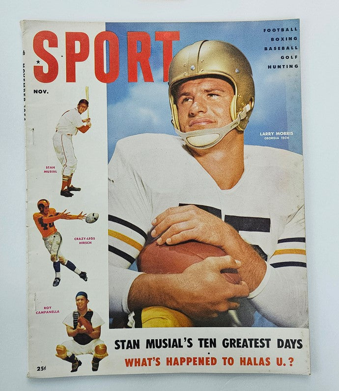 VTG Sport Magazine November 1954 featuring Larry Morris and Stan Musial on the cover, showcasing iconic sports imagery and advertising from the 1950s.