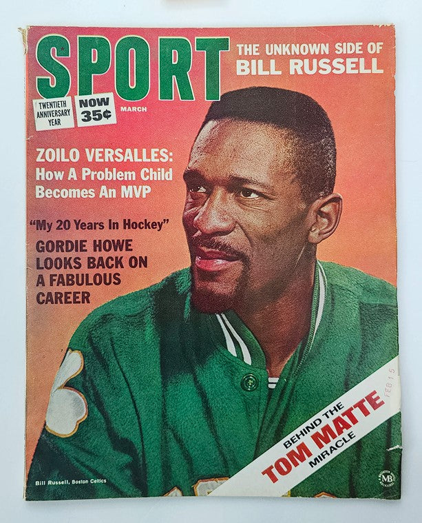 Vintage Sport Magazine from March 1966 featuring Bill Russell of the Boston Celtics on the cover. The magazine showcases basketball history and highlights Bill Russell's significant contributions to the NBA.